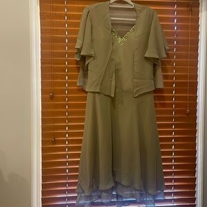 Elegant V-neck Midi Sage Mother of the Bride Dress with sheer jacket size 10 (d)